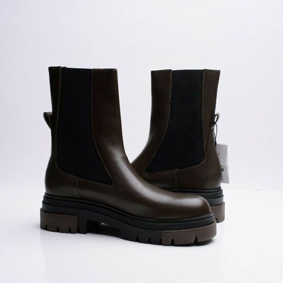 Zara Womens Chelsea Khaki Leather Ankle Boots Lug Soles EU 38 US 7.5 1176/810 - Picture 3 of 10